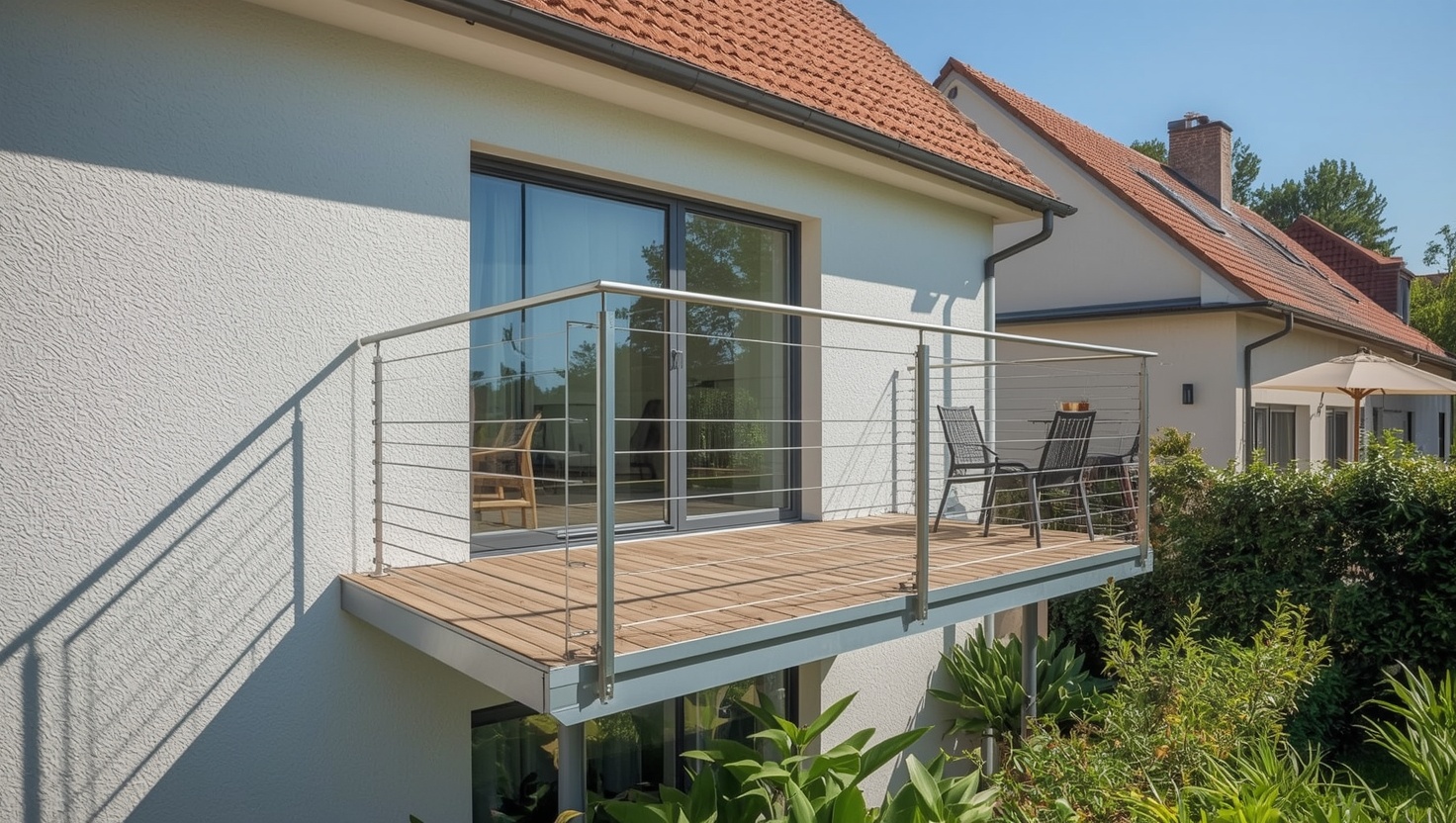 Moderner Anbaubalkon aus verzinktem Stahl mit WPC-Belag an einem Einfamilienhaus in Berlin