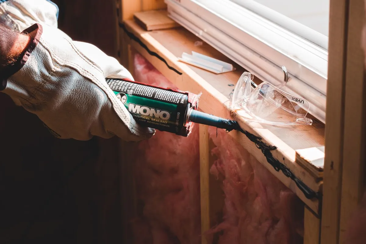Handwerker dichtet einen Fensterrahmen mit Dichtstoff ab